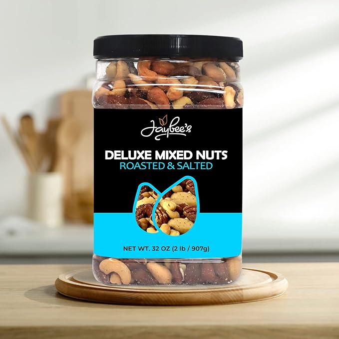 Mixed Nuts Deluxe - Roasted & Salted | 32 oz Reusable Container | Healthy Gourmet Variety Snack Mix with Cashews, Almonds, Brazil Nuts, Pecans, Hazelnuts (No Peanuts) Holiday Gifts | Keto, Vegan Friendly, Healthy Nut Mix | Jaybee's