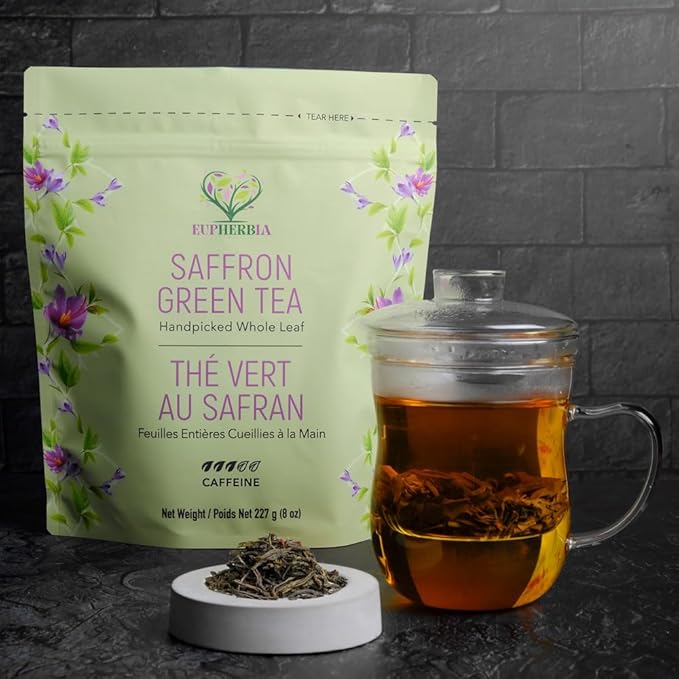 Eupherbia Saffron Green Tea, Handpicked, Highland Grown Whole Leaf Tea, Enriched with 3 Grams of Premium Saffron Threads, Herbaceous, Grassy, Bittersweet, 227g (8 oz)