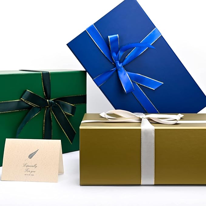 LIFELUM Empty Gift Boxes 2 Pack 13.85 x 8.35 x 4.45 inch Rectangle Collapsible Box with Magnetic Lid and Ribbon,Card,Shredded Paper Filler