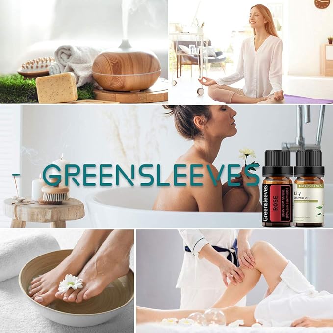 GREENSLEEVES Rose and Lily Essential Oil Set, 100% Pure Oils for Diffuser, Humidifier, Massage - 2 x 10ml