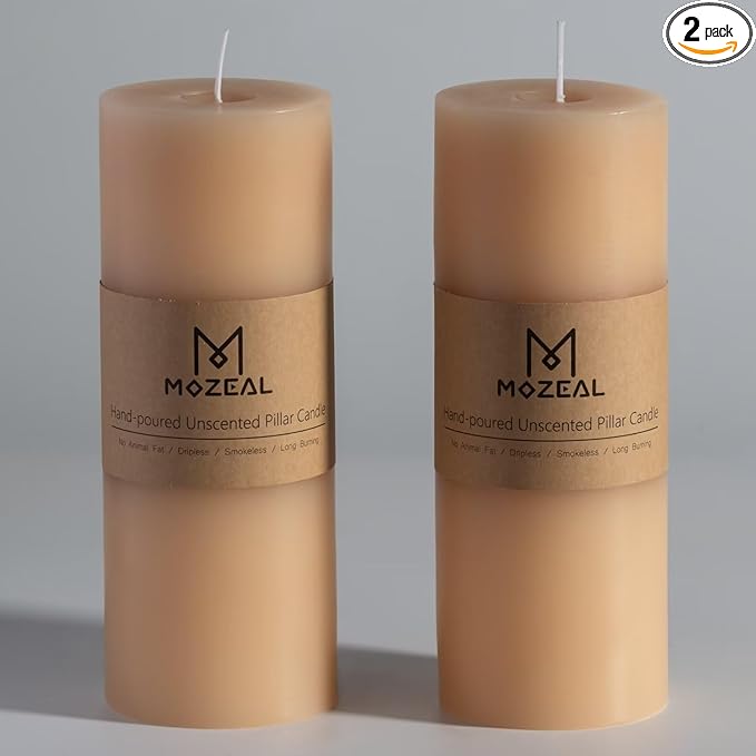 MOZEAL 3" x 8" Hand-Poured Unscented Large Candle, Smokeless Rustic Pillar Candle Set of 2, Slow Burn, No Drip, Approx 150 Hours Burning, Wedding, Dinner, Fall and Home Decorative, Tall Beige Candle