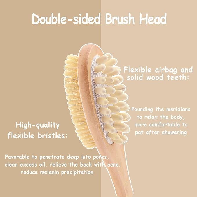 BoAn Dry Brushing Body Brush with Long Handle and Dual Sided,Dry Body Brush for Cellulite and Lymphatic,Bath Brush for Shower Back Scrubber and Cellulite Massager