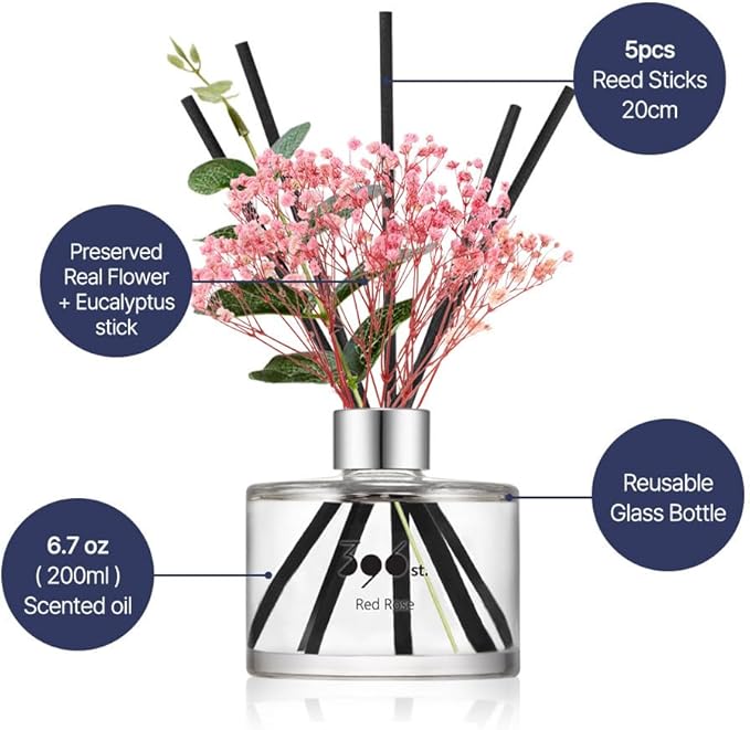 396 st. Preserved Baby's Breath Flower Reed Diffuser, Red Rose, 200ml(6.7oz) / Reed Diffuser Sets, Home Fragrance, Scented Oils, Home & Bathroom Décor