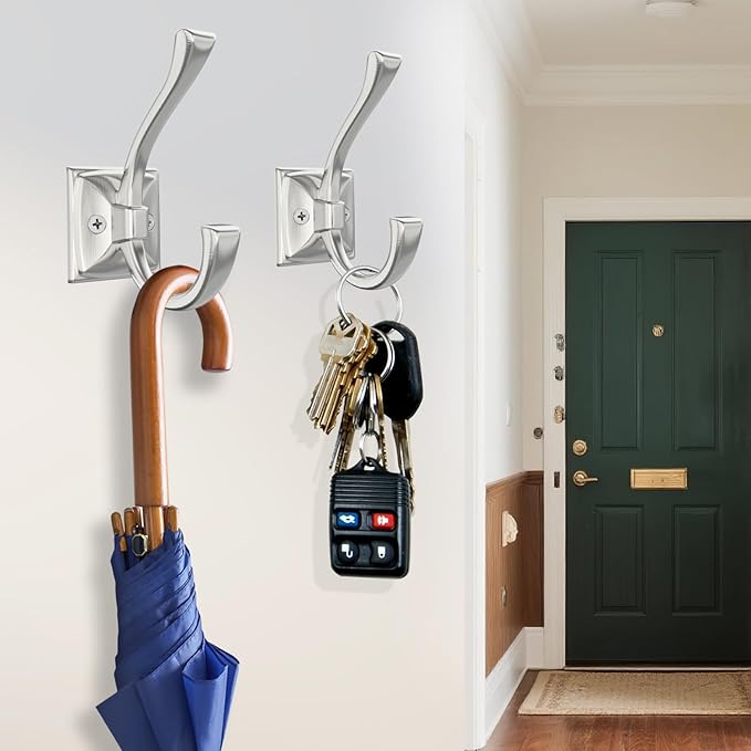 2 Pack Brushed Nickel Towel Robe Hooks, Coat Hooks for Wall Hanging Hat, Key, Bag, Mudroom Hook Entrance Bathroom Door Decorative Heavy Duty Hats Hanger