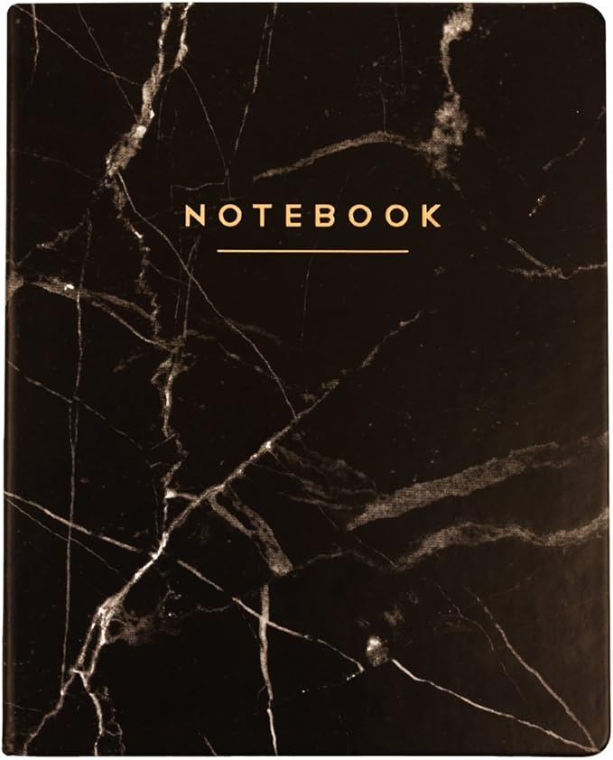 WORLD TRAVELER Eccolo Large Lined Journal Notebook, Hardbound Cover, Writing Journal, 256 Ruled White Pages, Ribbon Bookmark, Lay Flat, Desk Size for Work or School, Black Marble (8x10 inches)