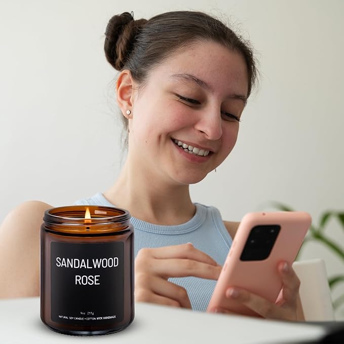 Sandalwood & Rose Scented Candles for Home Scented Aromatherapy Candles, Hand-Poured, 9 OZ, 50H Clean Burn,Soy Wax Candle Gift Set for Women Men