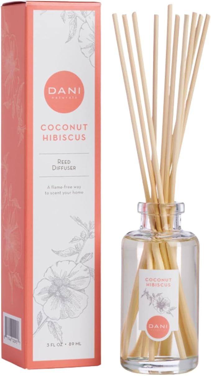 DANI Naturals Reed Diffuser Set - Tropical Coconut Hibiscus Scent - Aromatherapy Essential Oils - Alcohol-Free, Non-Toxic, Eco-Friendly - 10 Sticks - 3.5 oz