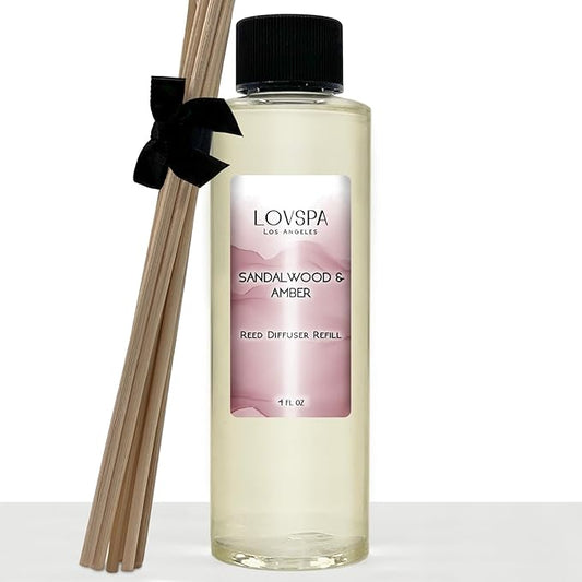 LOVSPA Sandalwood & Amber Diffuser Oil - Luxury Essential Oils for Diffuser Refill & Air Freshener Room Spray - Long-Lasting & Natural Home Fragrance, Scented Oil for Diffusers, USA Made, 4oz