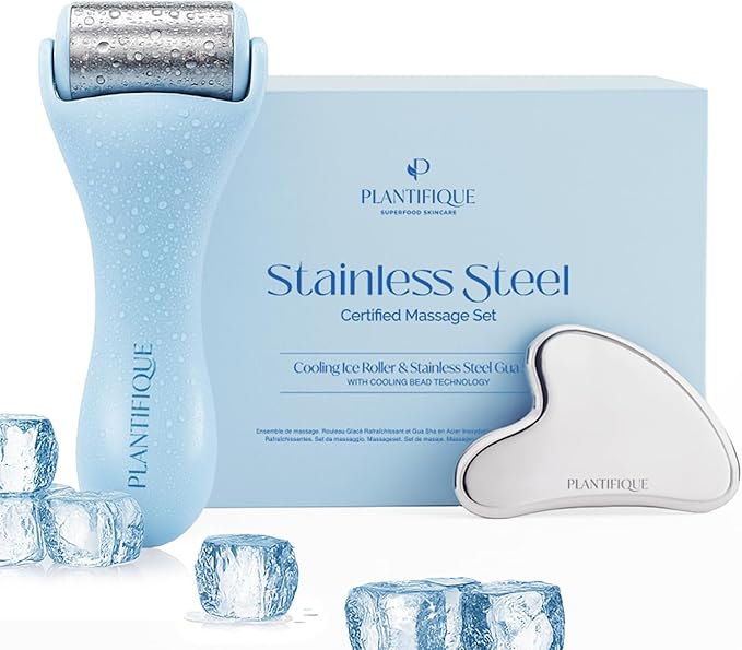 PLANTIFIQUE Facial Ice Roller and Stainless Steel Gua Sha Set - Cryotherapy Skin Care Massage Tools - Metal Massager Set for Puffy Face, Under Eyes and Body