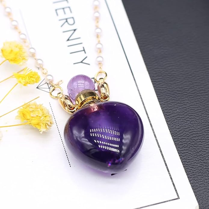 1pcs Natural Amethyst Stone Perfume Bottle Pendant Pearl Bead Chain Rectangle Heart Necklace for Women Jewelry Free Accessory Glasses