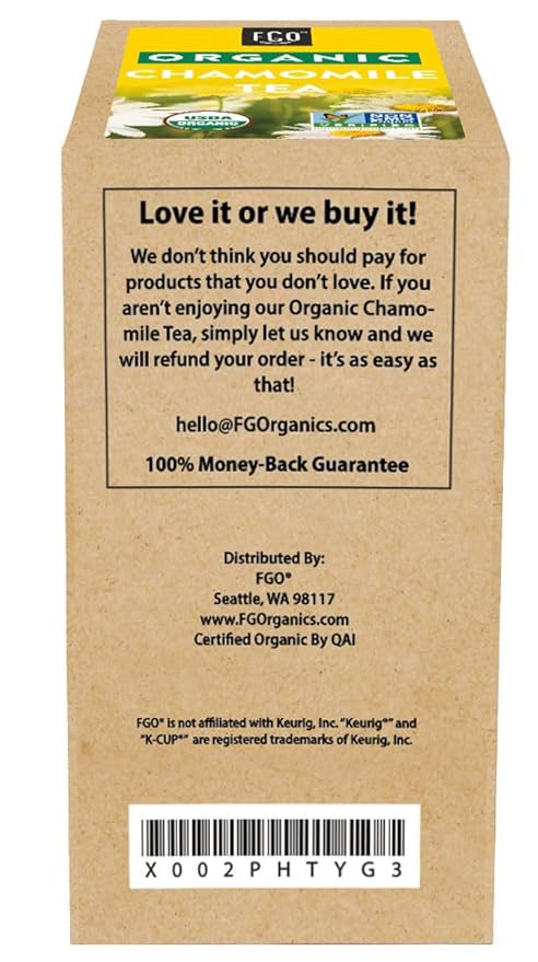 FGO Organic Chamomile Tea K-Cup Pods for Keurig, 24 Count (Pack of 1), Naturally Caffeine-Free Herbal Tea, USDA Organic, Non-GMO, & Recyclable