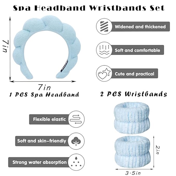 Spa Headbands for Washing Face Wristband Set Sponge Makeup Skincare Headband Wrist Towels Bubble Soft Terry Towel Cloth Hairband for Women Puffy Headwear Non Slip Thick Thin Hair Headwear (Blue)