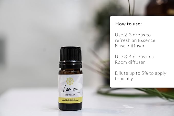 Essence Lemon Essential Oil – Pure & Therapeutic Grade – Perfect for Aromatherapy, Diffusers & Recharging Essence Nasal Diffuser Rings – Natural Stress & Mood Support (5mL)