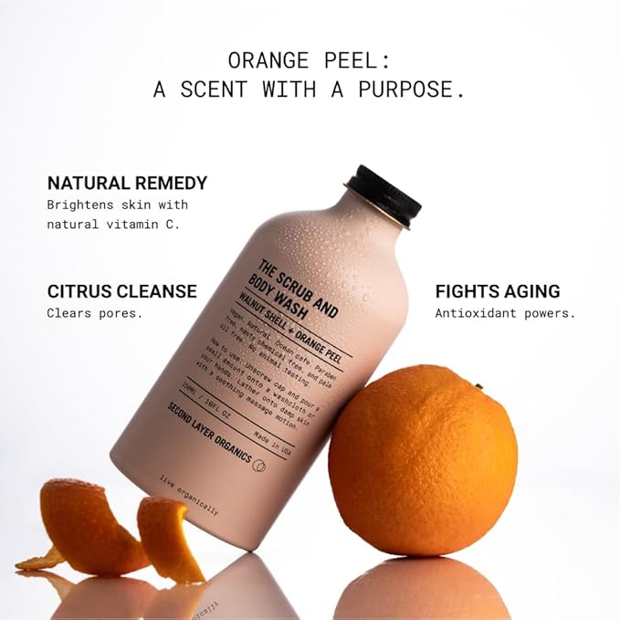 All Natural Body Scrub 10oz - Body Exfoliator with Walnut Shells and Orange Peel - Nourishing Cleanser & Body Scrub - Clean Beauty - Vegan Body Care - Organic Loofa Included