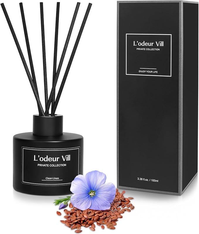 L'odeur Vill Reed Diffuser, 3.4oz(100ml) Clean Linen Reed Diffuser Set with 6 Oil Diffuser Sticks, Matte Black Aroma Scent Diffuser, Long Lasting Home Fragrance for Bathroom Shelf Decor