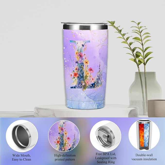 Personalized Gifts Monogrammed Birthday Gifts for Women, Mama New Mom Thanksgiving Wedding Christmas Initial 20 oz Tumbler, Makeup Bag Cup Pens Journal Notebook 6 Set, (Aesthetic Purple Flower L)