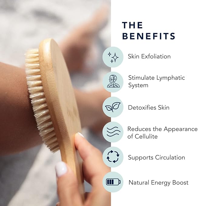 Dry Brush - Sustainable Bamboo Body Scrub Brush with Travel Bag and How-to Dry Brush Guide for Skin Care, Great Gift for Self Care, Exfoliating, Cellulite, Dry Skin - Conscious Coconut