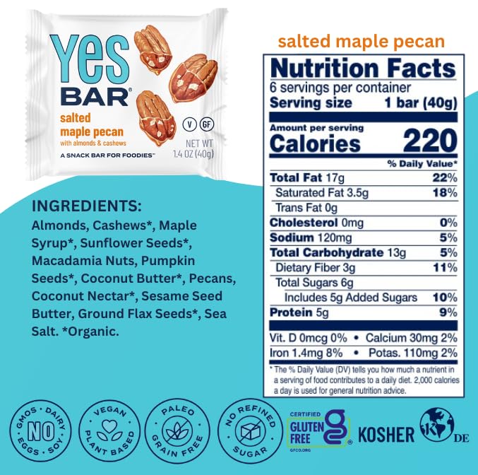 The YES Bar – Salted Maple Pecan – Plant Based Protein, Decadent Snack Bar – Vegan, Paleo, Gluten Free, Dairy Free, Low Sugar, Healthy Snack, Breakfast, Low Carb, Keto Friendly (24 Count)