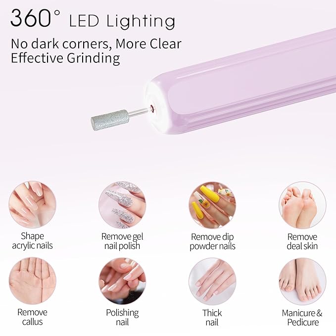Professional Manicure Pedicure Kit -360° Light, Rechargeable Electric Nail Drill, Cordless Electric Nail File Set, 3 Speeds Hand Foot Care Nail Drill for Thick Nail Toenail Cuticle