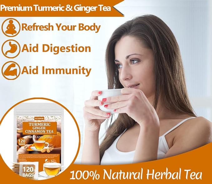 120 Premium Turmeric, Ginger, Cinnamon Blend Tea Bags, 100% Natural & No Additives & Caffeine Free.