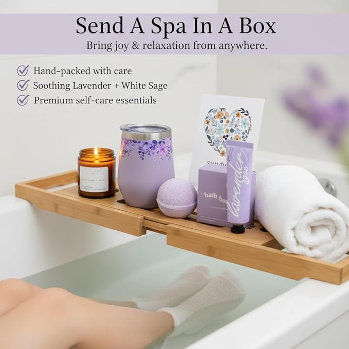 Unboxme Lavender Spa Gift Basket For Women - Mother's Day Relaxation Gift Set with Scented Candle, Wine Tumbler, Bath Bomb, Soap, Socks & Hand Cream - Self Care Package with Card