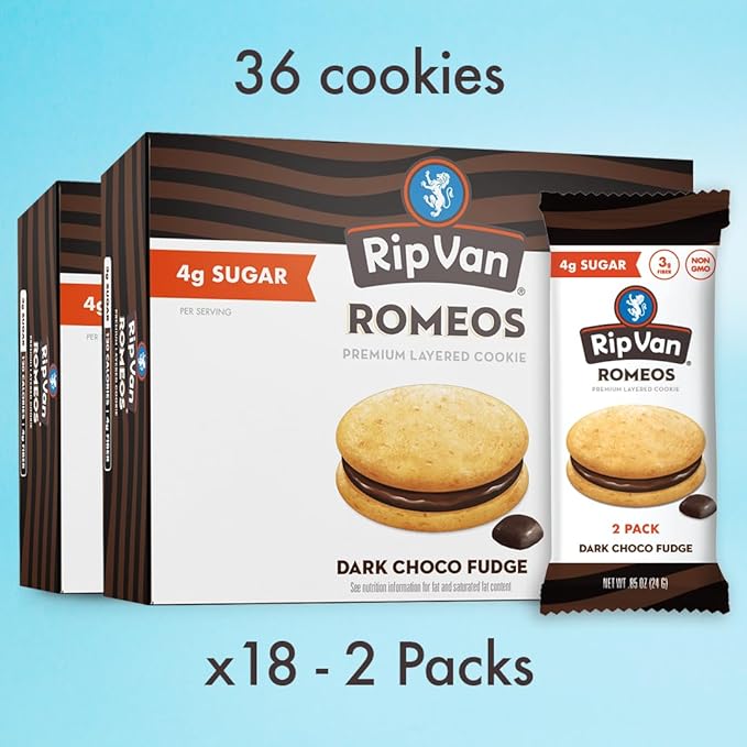 Rip Van Romeos Dark Chocolate Fudge Cookies - Low Sugar Cookies - Healthy Keto Snack - Individual 2 Packs (18 Count)