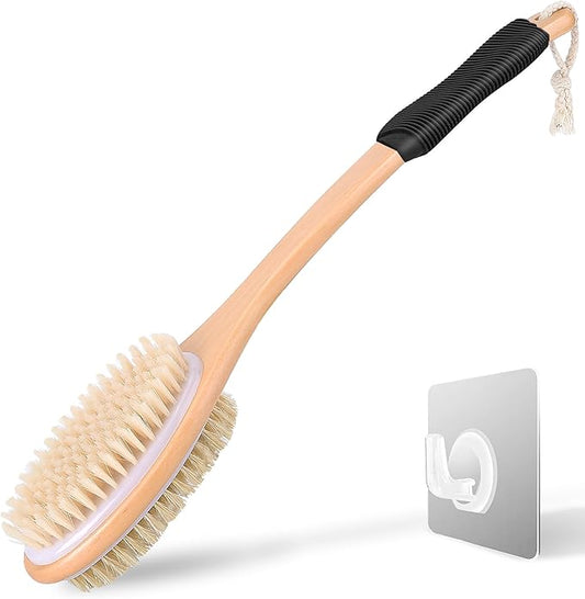 Long Handle Ergonomically Back Scrubber/Brush for Shower, Double Sided Exfoliating Body Scrubber for Women and Men (Black)