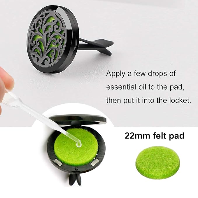 2PCS 30mm Car Aromatherapy Essential Oil Diffuser Stainless Steel Black Locket with Vent Clip 12 Felt Pads