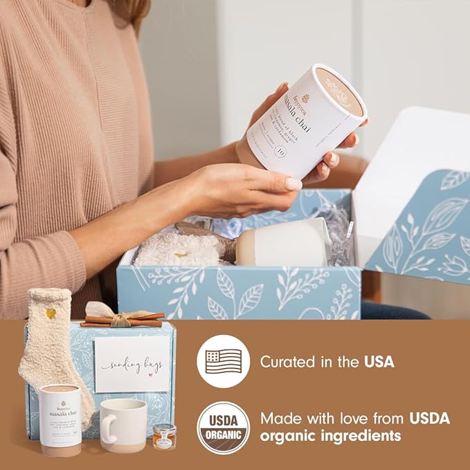 Unboxme Birthday Gift Basket for Women - Soothing Self Care Box with Fluffy Socks, Ceramic Mug, Chai Tea, Honey & Cinnamon for Mom, Sister, Friends and Coworkers