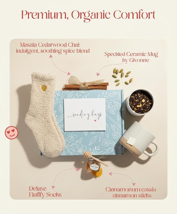 UnboxMe Tea Gift Basket Care Package for Women - Self Care Box with Cozy Socks, Mug, Chai Tea, Honey & Cinnamon, Get Well Soon, Thinking of You