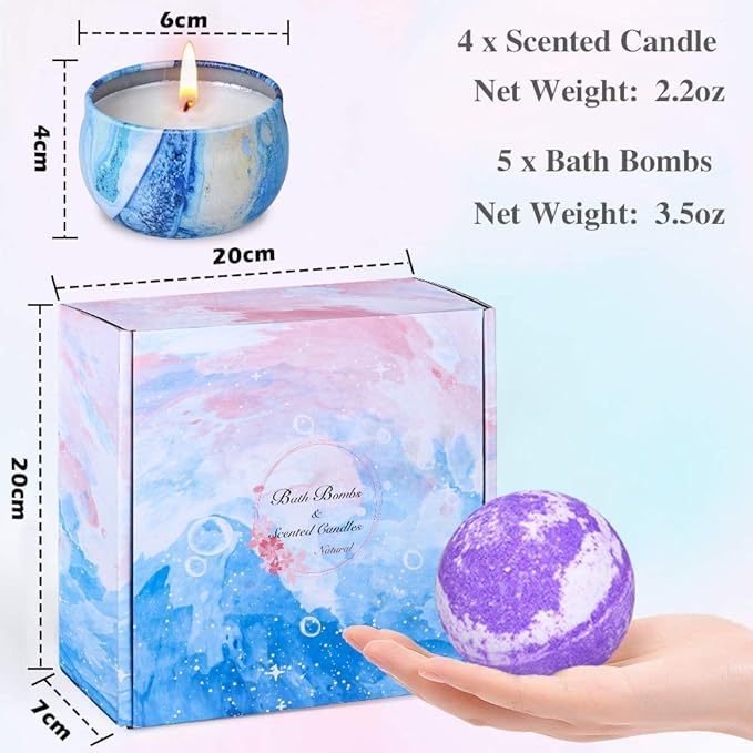 Bath Bombs Gift Set - 5 Large Fizzy Spa Bombs with 4 Scented Candles for Women - Moisturizing Bubble Bath with Essential Oils for Valentine's, Birthday Gifts