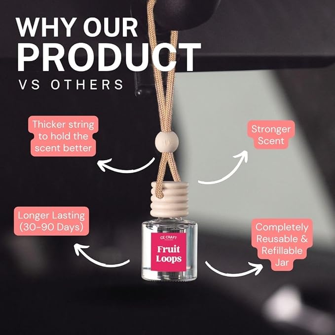 CE CRAFT Car Air Freshener Diffuser, Fruit Loops, 2 Pack Air Deodorizer for Essential Oils, Long Lasting Car Diffuser Bottle, Reusable Jar, Multicolor