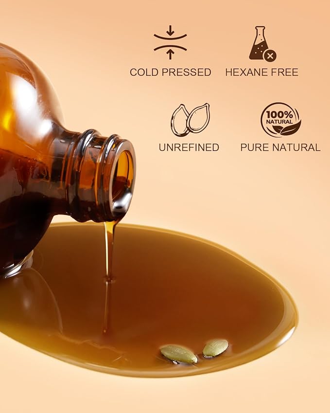 Cold-Pressed Pumpkin Seed Oil for Hair, Glass Bottle, 100% Pure & Natural Carrier, Massage Oils, Unrefined, 16 Fl Oz with Pump, Pumpkin Oil for Skin, Face, Nails, Body Moisturizer, Hexane-Free