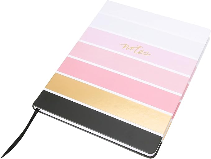 Eccolo Large Lined Journal Notebook, Hardbound Cover, Writing Journal, 256 Ruled White Pages, Ribbon Bookmark, Lay Flat, Desk Size for Work or School, Ombre Stripes (Pink, 8x10 inches)