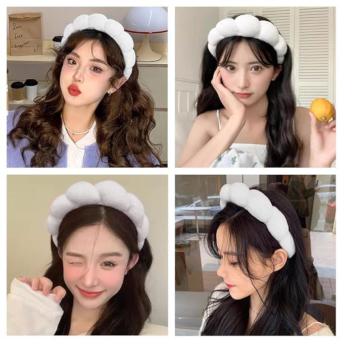Spa Headbands for Washing Face or Makeup, Sponge Bubble Skincare Headbands, Puffy Terry Cloth Hairband for Women, Skin Care Makeup Headwear Hair Accessories for Girls (White)