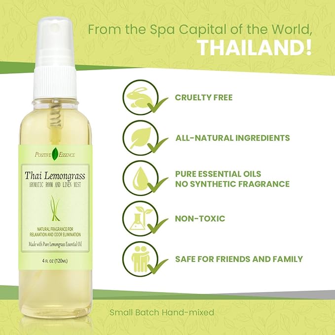 Thai Lemongrass Linen and Room Spray, Natural Air Freshener Made with Pure Lemongrass Essential Oil, Bathroom Air Freshener or Calming Pillow Spray