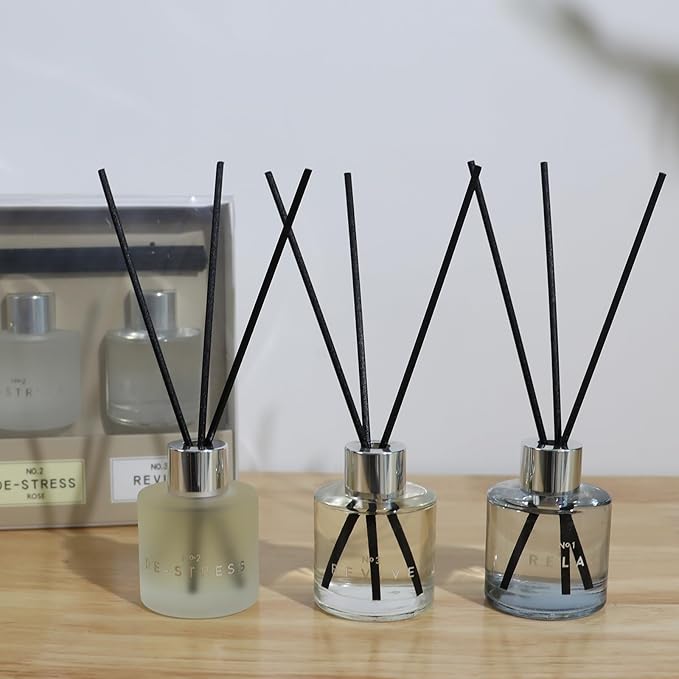 3 Pack Fragrance Reed Diffuser, 50ML Lavender Jasmine Gardenia Aromatherapy Diffuser Set with 12 Black Fiber Sticks,Air Freshener for Bedroom Bathroom Office, 8.2X 6.6X 2.1 inch