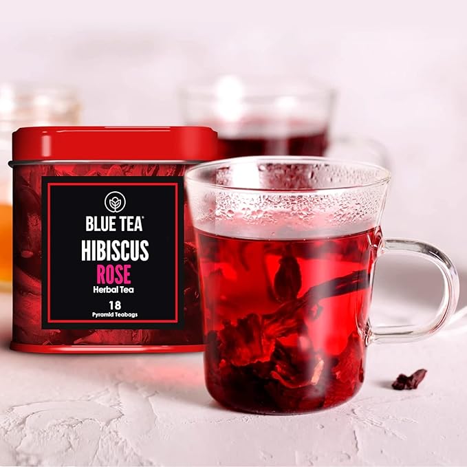 BLUE TEA - Hibiscus Tea - 18 Count - Rose - Pyamid Plant Based Tea Bag | SKIN GLOW ENHANCING TEA | Herbal Tea - Flower Based - Caffeine Free - Vegan - Gluten Free - Non-GMO | Tin Packaging