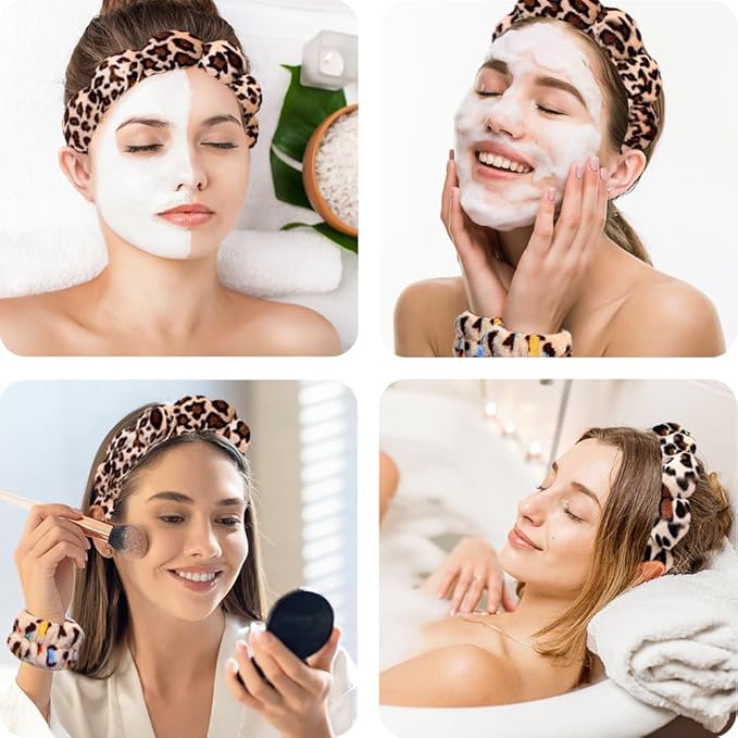 Spa Headbands for Washing Face Wristband Set Sponge Makeup Skincare Headband Wrist Towels Bubble Soft Terry Towel Cloth Hairband for Women Puffy Headwear Non Slip Thick Thin Hair Headwear (Leopard)
