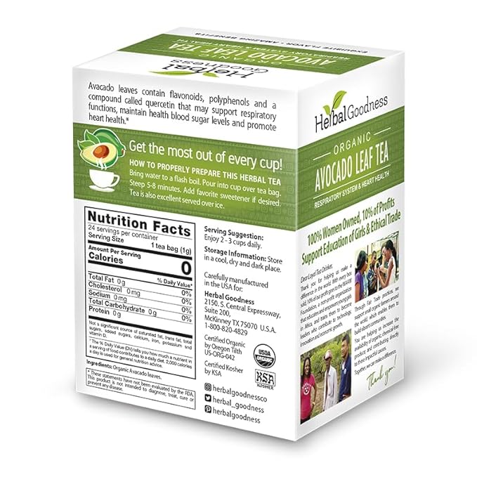 Avocado Leaf Tea - Organic Avocado Green Tea Bags Rich in Calcium, Nutrient Dense, Respiratory & Heart Support - 24/2g Tea Bags - Herbal Goodness