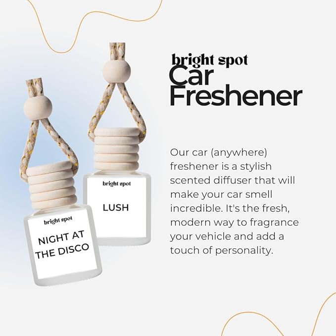 Bright Spot Car Air Freshener - Night at the Disco - Citrus, Amber, Patchouli Scent - Premium Car Hanging Air Freshener, Long-Lasting Fragrance for Auto and Home, 2 Bottles