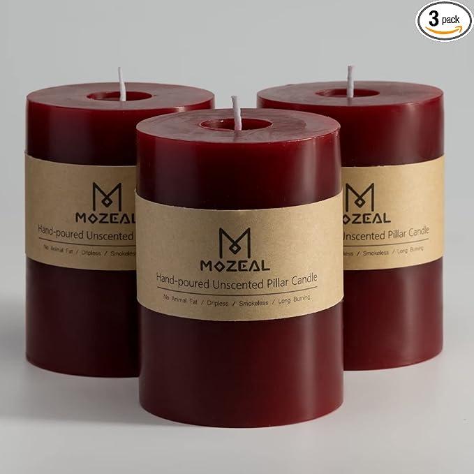 MOZEAL 3" x 4" Hand-Poured Unscented Candle,Dripless Pillar Candle Set of 3,Long Clean Burning,Approx 72 Hours Burn Time,Rustic Country Style,Wedding,Dinner,Christmas and Home Decor,Dark Red