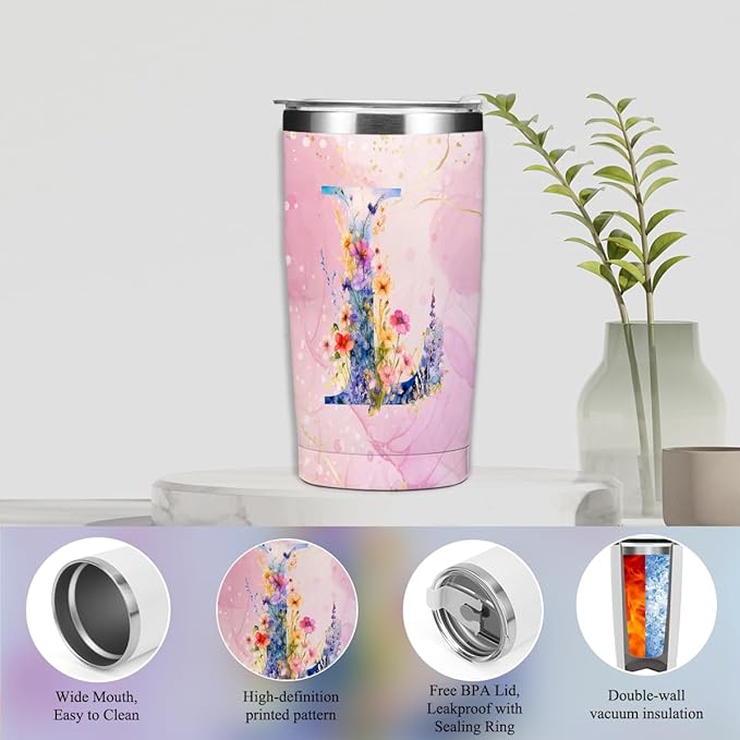 Personalized Gifts Monogrammed Birthday Gifts for Women, Mama New Mom Thanksgiving Wedding Christmas Initial 20 oz Tumbler, Makeup Bag Cup Pens Journal Notebook 6 Set, (Aesthetic Pink Flower L)