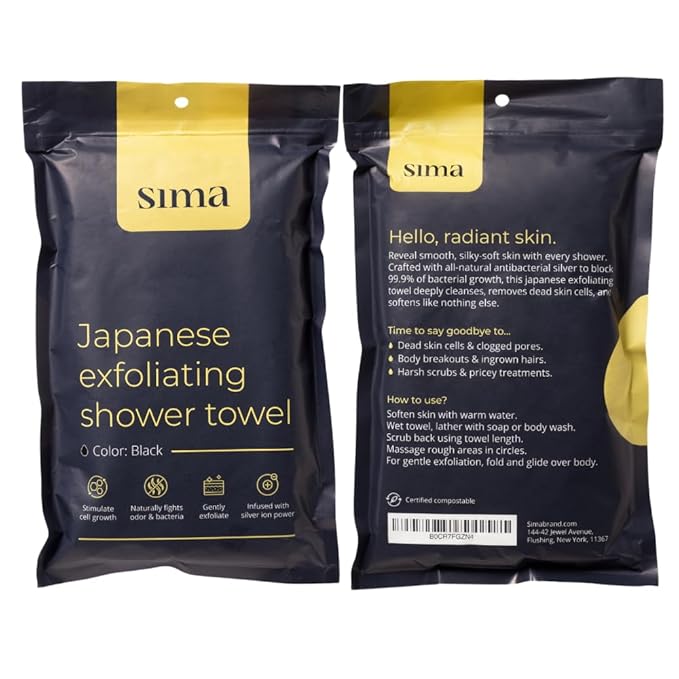 Exfoliating Washcloth Face & Body Scrub Towel - Japanese Exfoliating Towel with Hexagon Fibers, Body Scrubber with 2 Sides for Scrubbing & Washing, Extra Long (Black, 2 Pack)