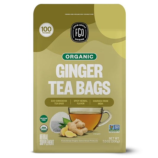FGO Organic Ginger Tea, 100 Count, Eco-Conscious Tea Bags, Caffeine Free, Packaging May Vary (Pack of 1)