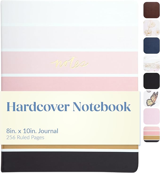 Eccolo Large Lined Journal Notebook, Hardbound Cover, Writing Journal, 256 Ruled White Pages, Ribbon Bookmark, Lay Flat, Desk Size for Work or School, Ombre Stripes (Pink, 8x10 inches)
