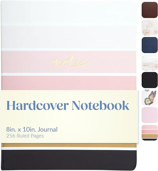 Eccolo Large Lined Journal Notebook, Hardbound Cover, Writing Journal, 256 Ruled White Pages, Ribbon Bookmark, Lay Flat, Desk Size for Work or School, Ombre Stripes (Pink, 8x10 inches)