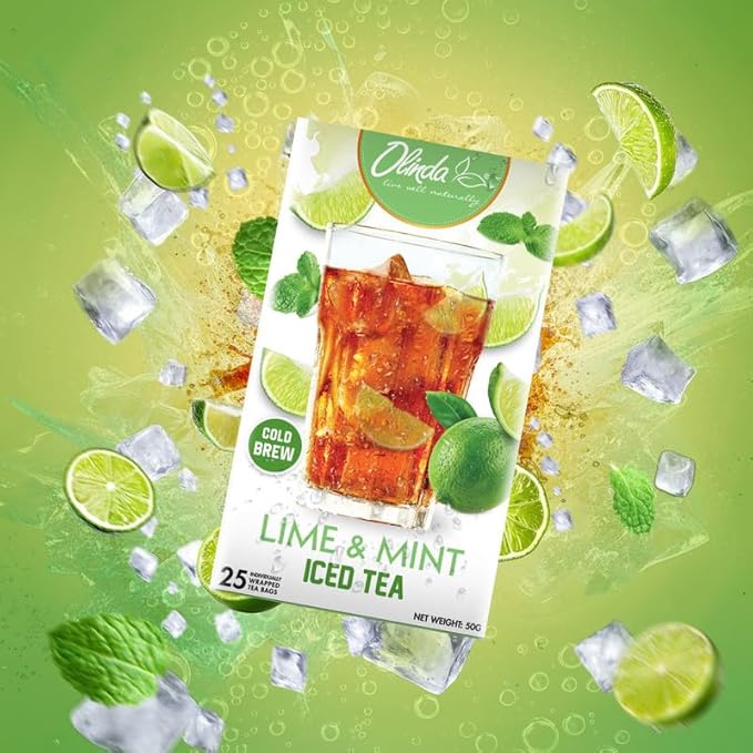 Olinda Lime & Mint Iced Tea Organic Hot and Cold Brew Refreshing Antioxidant Rich Summer Healthy Caffeinated Peppermint Tea Easy to Make Individually Wrapped 25 Tea Bags