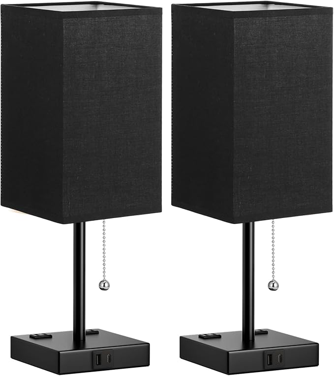 Balck Table Lamps for Bedroom Set of 2 Nightstand - 17.4In Tall, 3 Color Bedside Lamps with AC Outlets and USB A & C for Charging, Square Night Stand light, End Table Lamp for Living Room/Dorm/Office