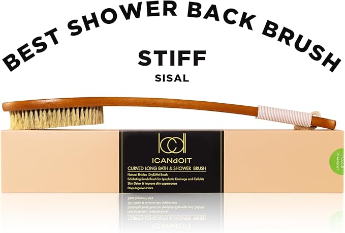 ICANdOIT-17.71Inch Natural Stiff Sisal Bristles Anti-Slip Curved Long Handle Bath Brush,Bent Handle Shower Scrubber for Exfoliating,Shower Back Brush